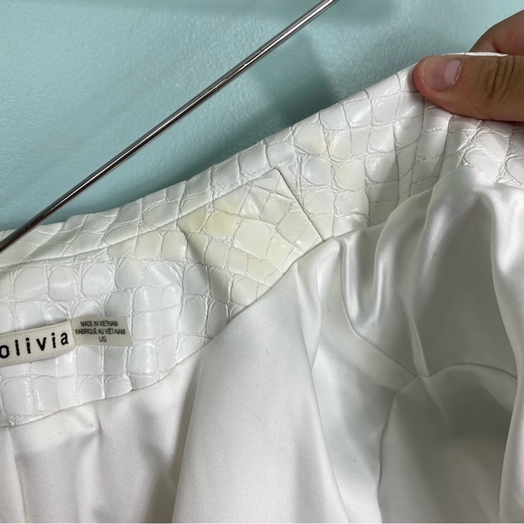 Alice & Olivia Croc Embossed Faux Leather Blazer White Sz L Oversized Open Front - Picture 12 of 13